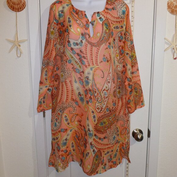 Peachy Paisley Print Sheer 3/4 Sleeve Cover Up Maxi Dress - Picture 2 of 16